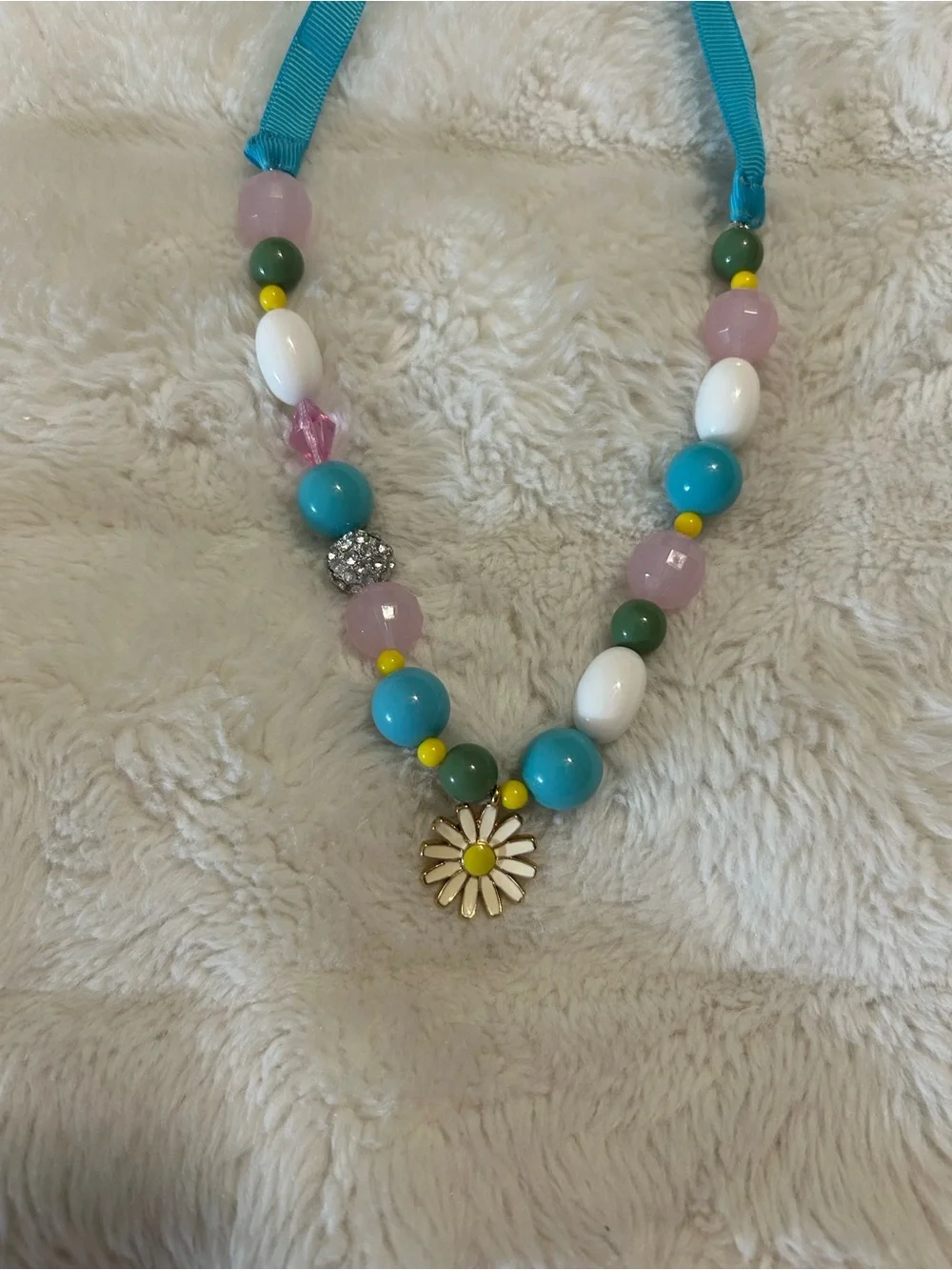 Stella & Dot Turquoise Ribbon Daisy Bead Child's Necklace with Multicolor Beads